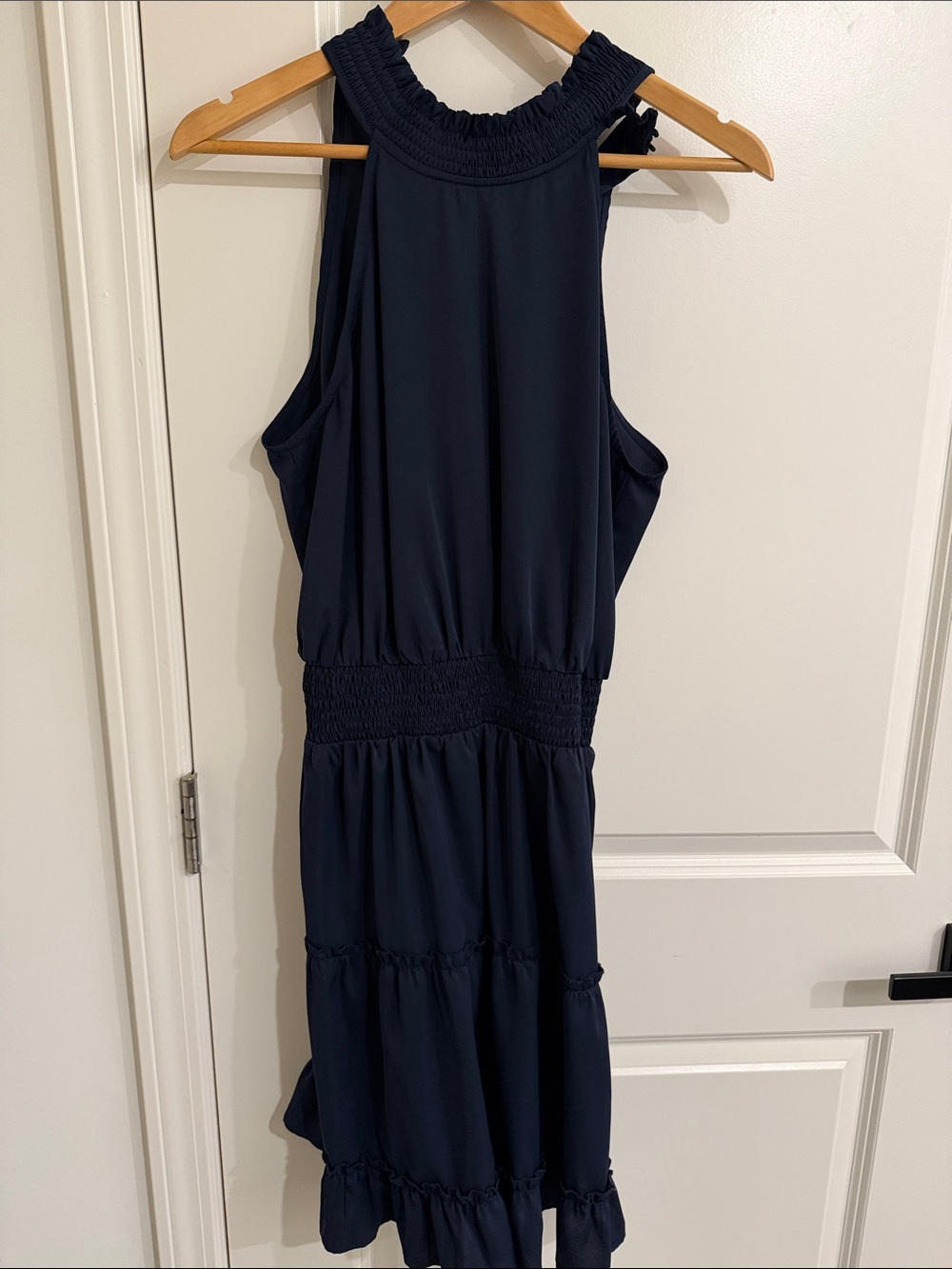 Women’s Navy Smocked Waist Halter Midi Dress